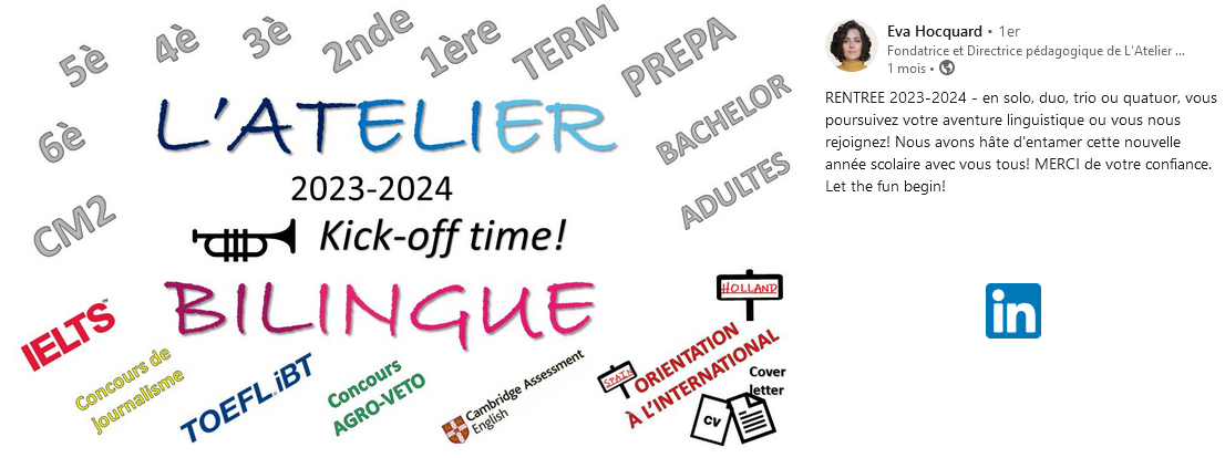 L'Atelier Bilingue : cours particuliers, stages d'anglais et échanges  linguistiques, en ligne, ou présentiel (chatou)